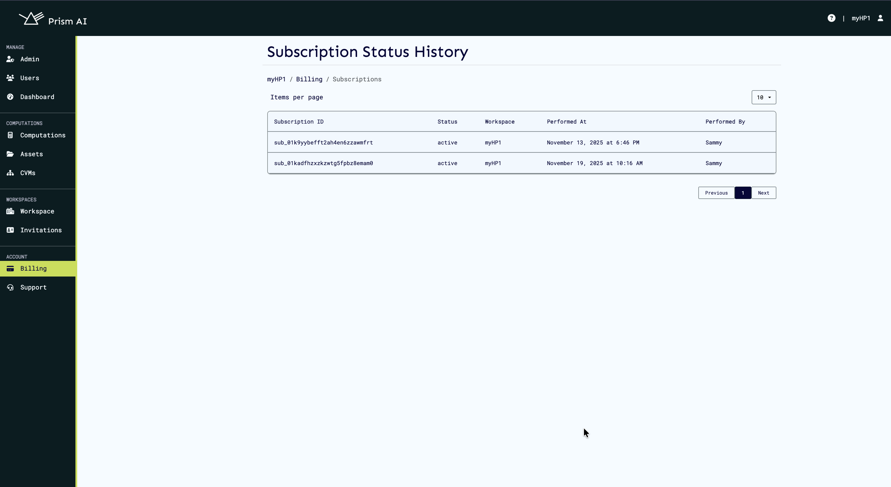 Billing history
