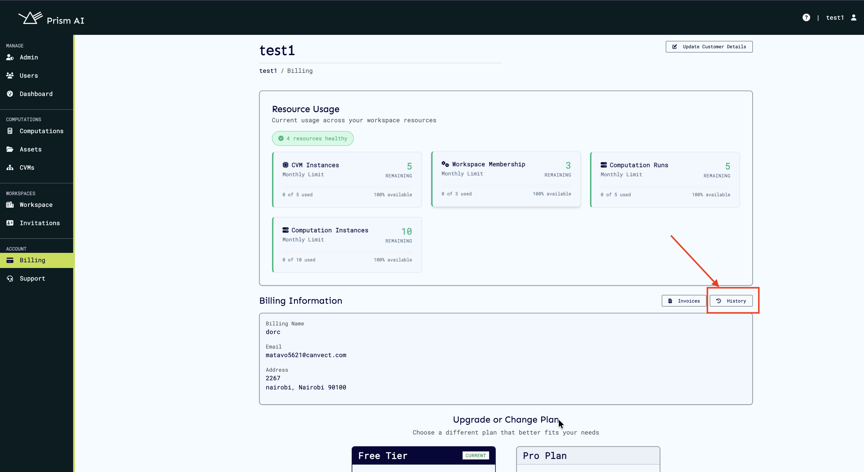 Billing history button